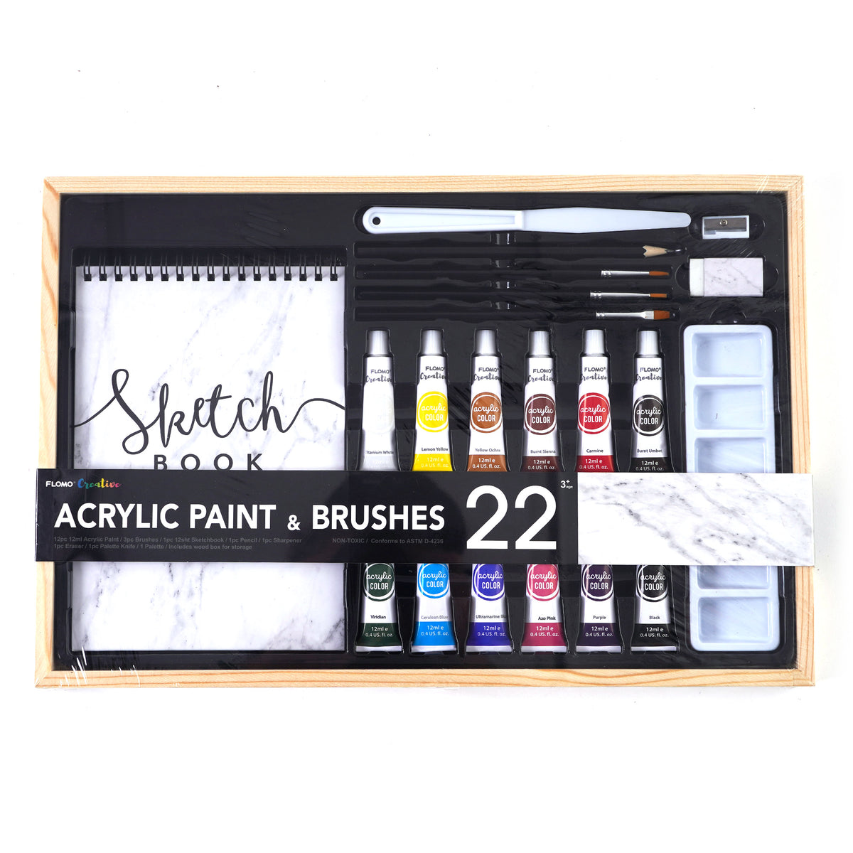 18Pcs Acrylic Paints With Tools In Wood Box W/Clipboard