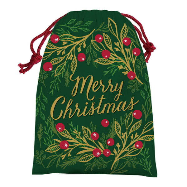 Christmas Merry Christmas With Holly Chenille Drawstring Bag 14" X 18"