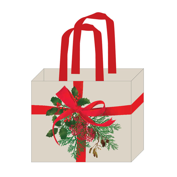 Christmas Holly And Ribbon Canvas Tote Bag With Inside Lamination 16" X 13" X 6"