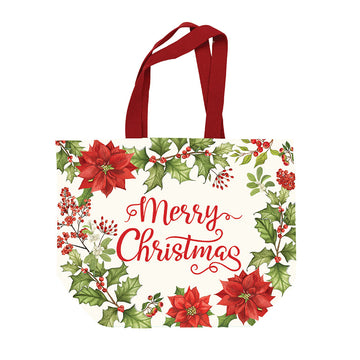 Christmas Merry With Poinsettias Tapestry With Lurex Tote Bag 23" X 18" X 9"