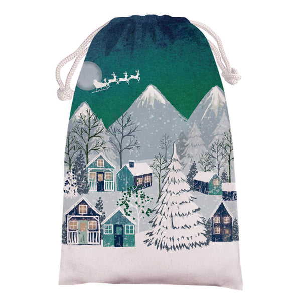 Christmas Snow Village Chenille With Lurex & Pom Poms Drawstring Bag 24" X 36"