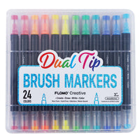 24Ct Dual Tip Brush & Fine Tip Markers With Black Barrel In Reusable Case