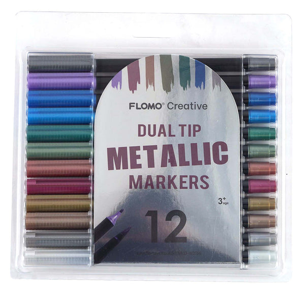 12Ct Dual Tip Brush & Fine Tip Metallic Long Barrel Markers