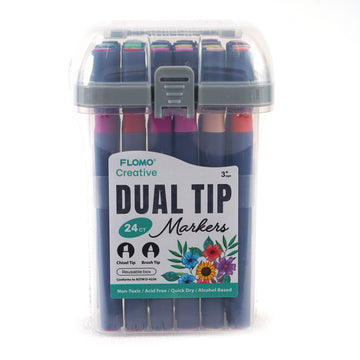 24Ct Dual Tip Chisel & Brush Tip Markers With Blue Barrel In Reusable Case With Handle