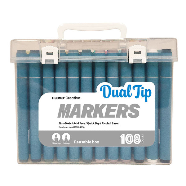 108Ct Dual Tip Chisel & Fine Tip Markers With Gray/Blue Barrel In Reusable Case With Handle