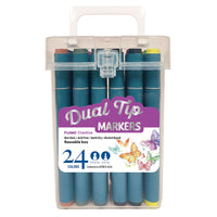 24Ct Dual Tip Chisel & Fine Tip Markers With Gray/Blue Barrel In Reusable Case With Handle