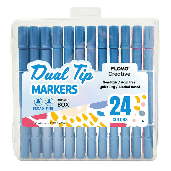 24Ct Dual Tip Broad & Fine Tip Markers With Gray/Blue Barrel In Reusable Case