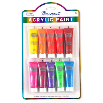 10Pk 22Ml Acrylic Paints, Fluorescent Colors, Soft Tubes