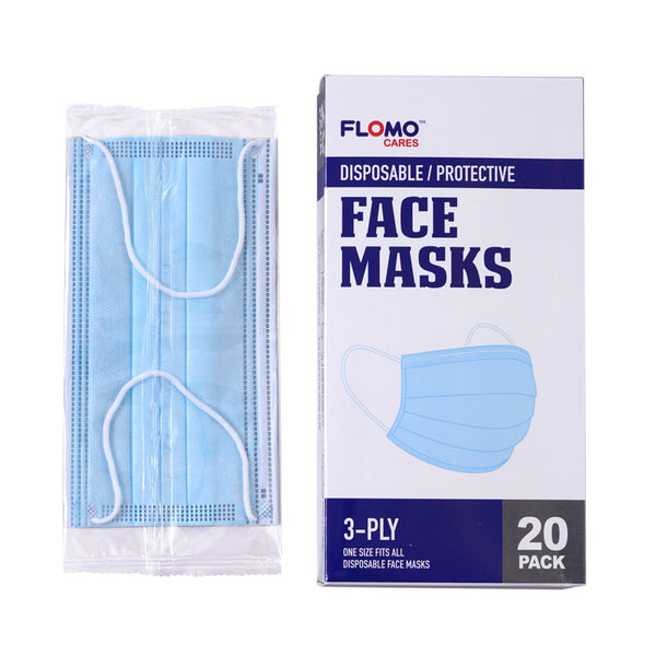 20Pk 3Ply Protective Disposable Masks, Blue/White