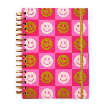 160Sht Hot Stamp Chunky Spiral Journal W/Inside Pocket, Pink Checker Smiley, 8.5"X6.25"