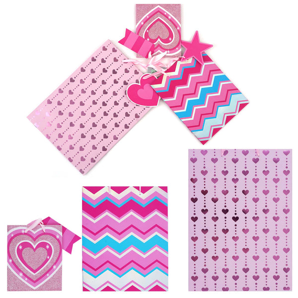 3Pk M/L/E Pink Party Hot Stamp/Glitter Gift Bags, 3 Designs