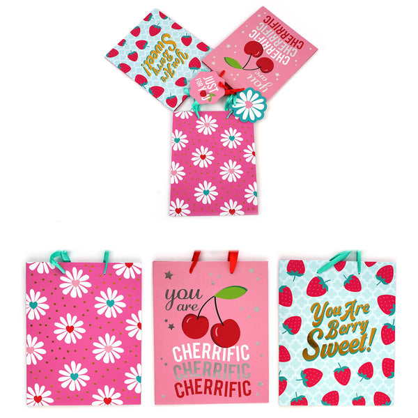 3Pk Large Cherry & Berries Hot Stamp Gift Bags, 3 Designs