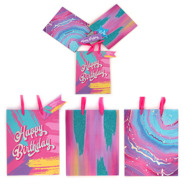 3Pk Large Pink Abstract Party Hot Stamp/Glitter Gift Bags, 3 Designs