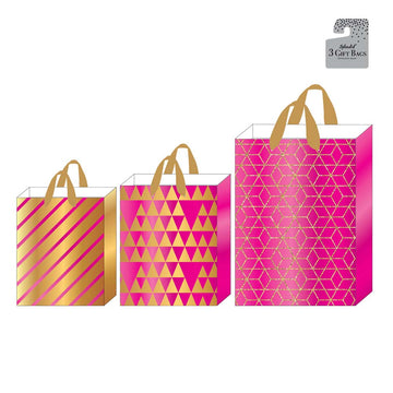 3Pk M/L/E All Occasion Pink Gold Party Geometric Hot Stamp/Glitter Gift Bags, 3 Designs