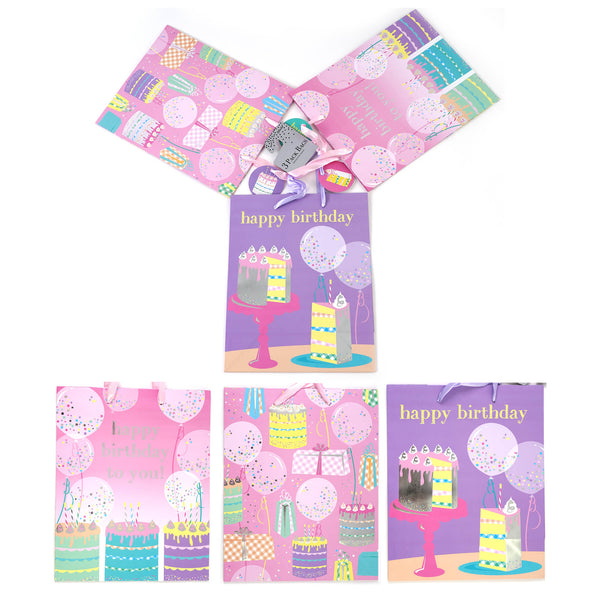 3Pk Large Birthday Pastel Balloon/Cake Hot Stamp Gift Bags, 3 Designs