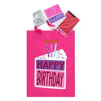 Extra Large Birthday Pink Cake & Gem Candles Hot Stamp Gift Bag, With Tissue