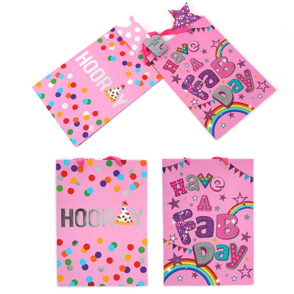 2Pk Extra Large Birthday Hooray/Fab Day Hot Stamp/Glitter Gift Bags