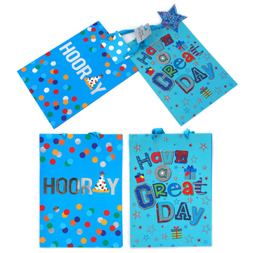 2Pk Extra Large Birthday Hooray Great Day Hot Stamp/Glitter Gift Bags