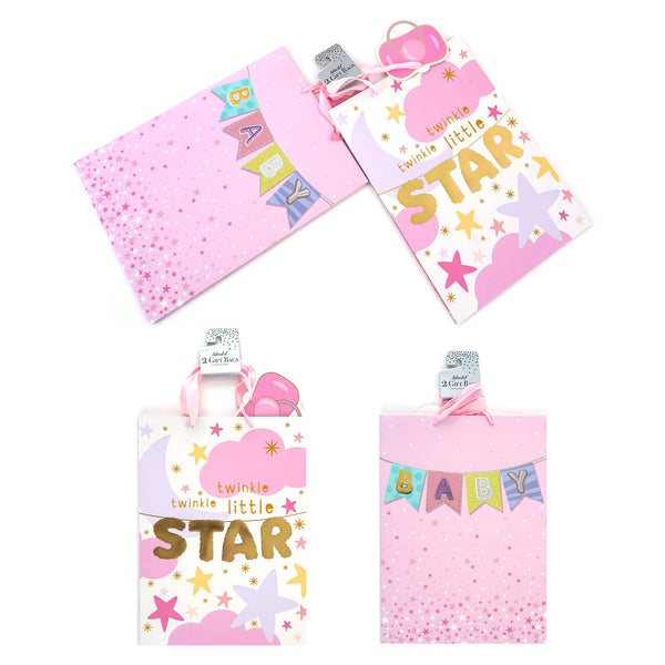 2Pk Extra Large Baby Girl Hot Stamp Gift Bags, 2 Assorted Designs