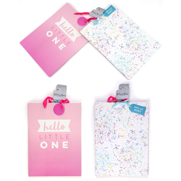 2Pk Extra Large Hello Little One Pink-Pastel Speckles Glitter Gift Bags, 2 Designs