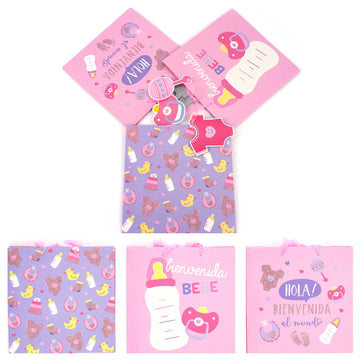 3Pk Square Square Baby Girl Espanol Glitter Gift Bags, 3 Designs