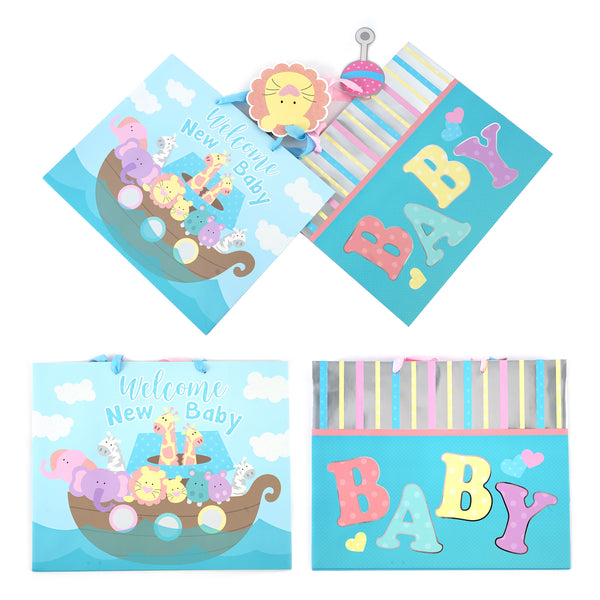 2Pk Horizontal Baby Ark Glitter/Hot Stamp Gift Bag, 2 Designs