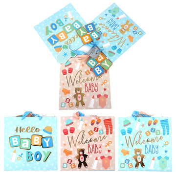 3Pk Square Square Baby Boy Blue Hot Stamp Gift Bags, 3 Designs