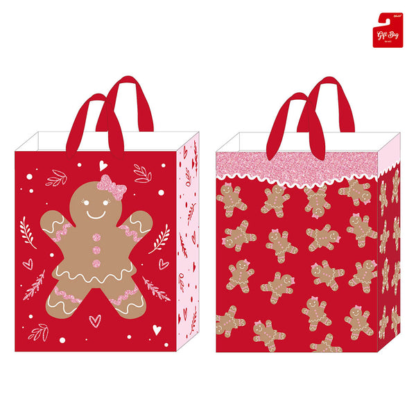 2Pk Extra Large Christmas Gift Bags W/Glitter - Gingerbreads On Red