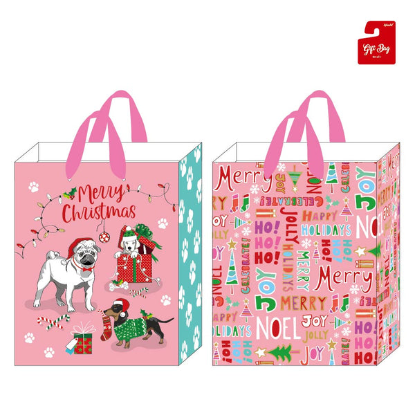 2Pk Extra Large Christmas Gift Bags With Hot Stamp, Pets/Typography On Pink