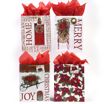 4Pk Medium Christmas Classic Poinsettia Glitter Bag, 4 Designs