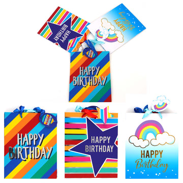 3Pk Large Star-Rainbow-Stripe Birthday Hot Stamp/Glitter Premium Plus Bag, 3 Designs