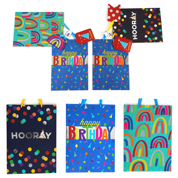 2Pk Extra Large Birthday Rainbow Hooray Hot Stamp/Glitter Premium Plus Bag, 3 Designs