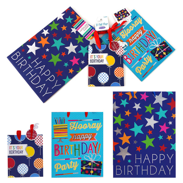 3Pk M/L/E Birthday Balloons&Stars Party Hot Stamp/Glitter Premium Plus Bag, 3 Designs