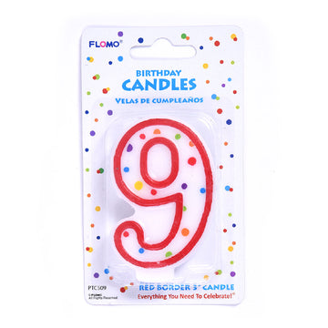 Vela de cumpleaños de 3" 1Pk -Borde rojo numérico "9"