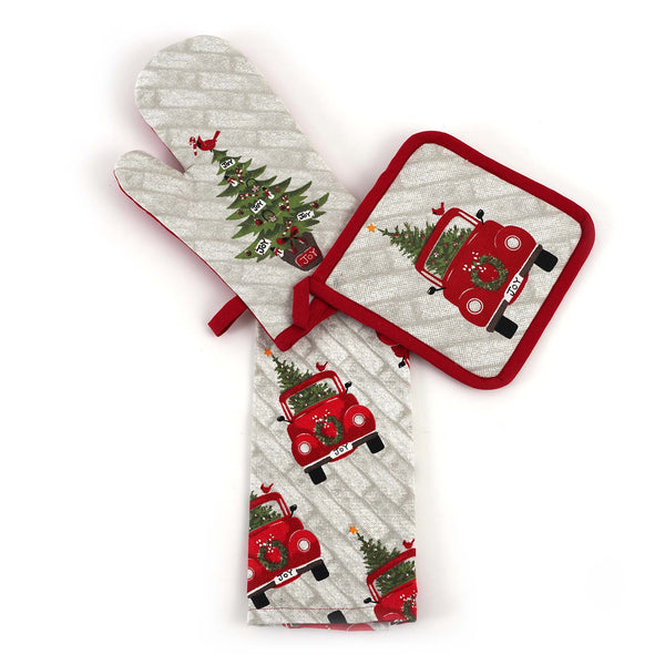 3Pc Christmas Red Truck Oven Mitt, Pot Holder & Towel Set