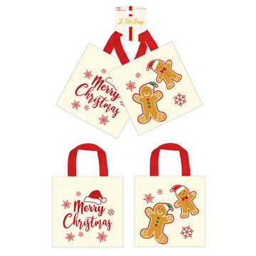 2Pk Christmas Gingerbread Man/Merry Canvas Tote Bag With Inside Lamination 7" X 7" X 4"