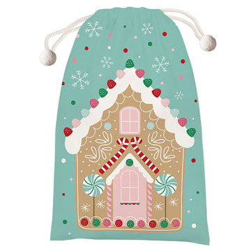 Christmas Gingerbread House Tapestry With Lurex & Pom Poms Drawstring Bag 19" X 29"