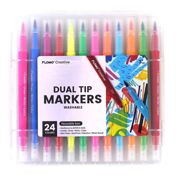 24Ct Dual Tip Brush & Fineliner Tip Markers In Reusable Case