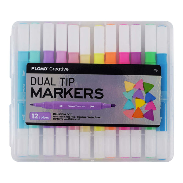 12Ct Dual Tip Chisel & Fine Tip Markers In Reusable Case