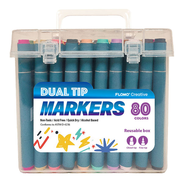 80Ct Dual Tip Chisel & Fine Tip Markers With Gray/Blue Barrel In Reusable Case With Handle