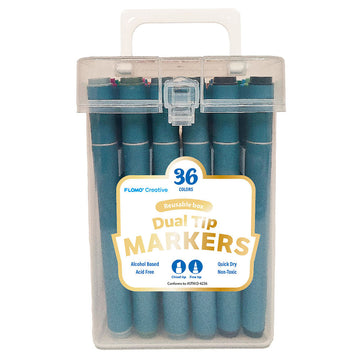 36Ct Dual Tip Chisel & Fine Tip Markers With Gray/Blue Barrel In Reusable Case With Handle