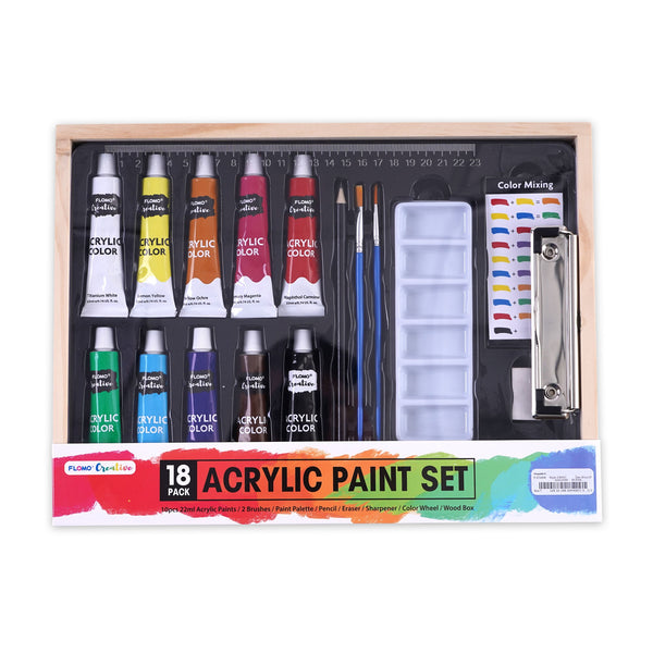 18Pcs Acrylic Paints With Tools In Wood Box W/Clipboard