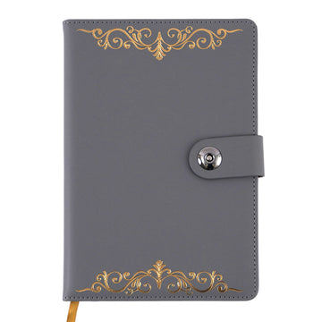 128Sht Pu Journal W/Snap Magnetic Closure & Hot Stamp, Grey Gold Filigree, 8.25"Lx5.6875"W