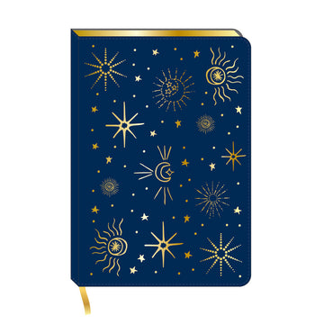 128Sht Pu Journal Debossed Hot Stamp Celestial Icons On Blue, 8.25"Lx5.6875"W