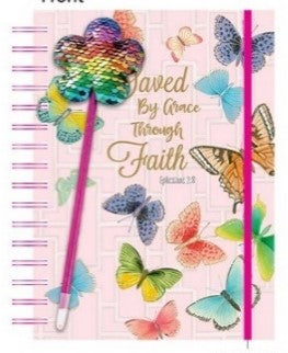 160Sht/320Pge Jumbo Spiral Chunky Journal W/Pen-Blistercard, Religious Butterfly 8.5"X6.25"