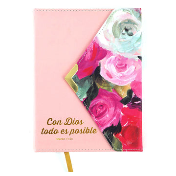 128 Sht/256 Page Spanish Religious Watercolor Floral Pu Cover Envelop Flap Journal, 6"W X 8"L