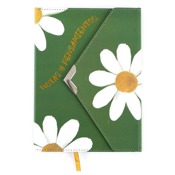 128 Sht/256 Page Spanish White Daisy Pu Cover Envelope Flap Journal, 6"W X 8"L