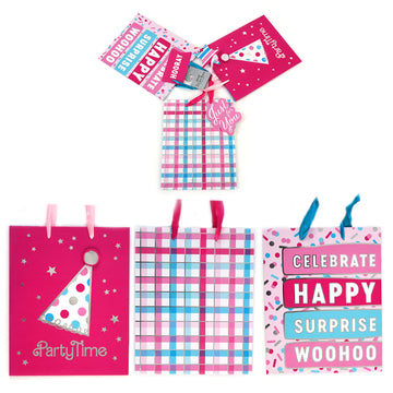 3Pk Large Pinky Party Hot Stamp/Pop Layer Gift Bags, 3 Designs