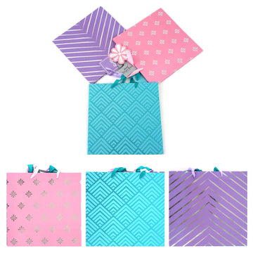 3Pk Square Square Pastel Geometrics Hot Stamp Gift Bags, 3 Designs