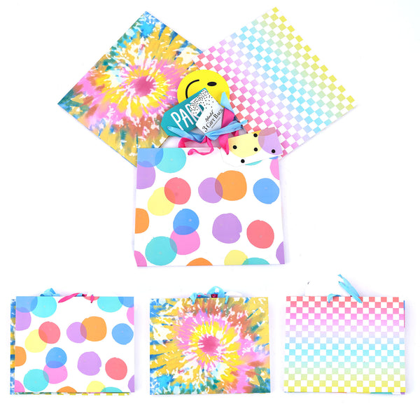 3Pk Horizontal Large All Occasion Check-Dot-Tie Dye Glitter Gift Bags, 3 Designs